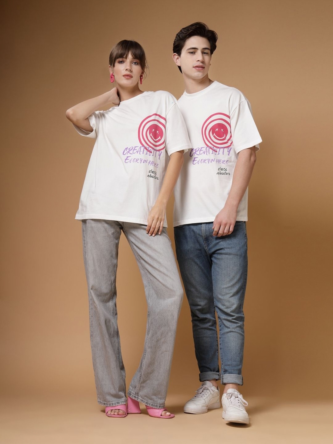 

VESTIDO MODAS Unisex Typography Printed Oversized T-shirt, White