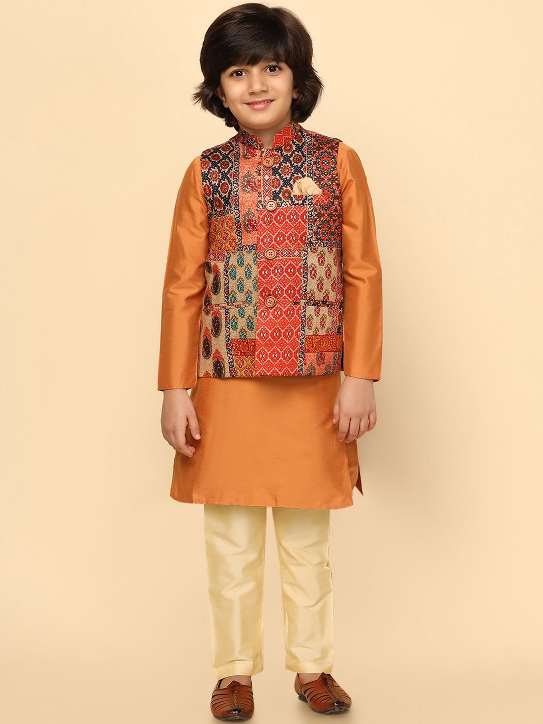 

KISAH Boys Mandarin Collar Regular Kurta with Pyjamas & Nehru Jacket, Orange