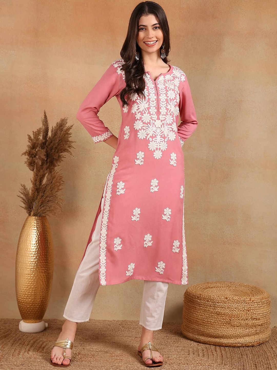 

KALINI Floral Embroidered Notch Neck Chikankari Straight Kurta, Pink