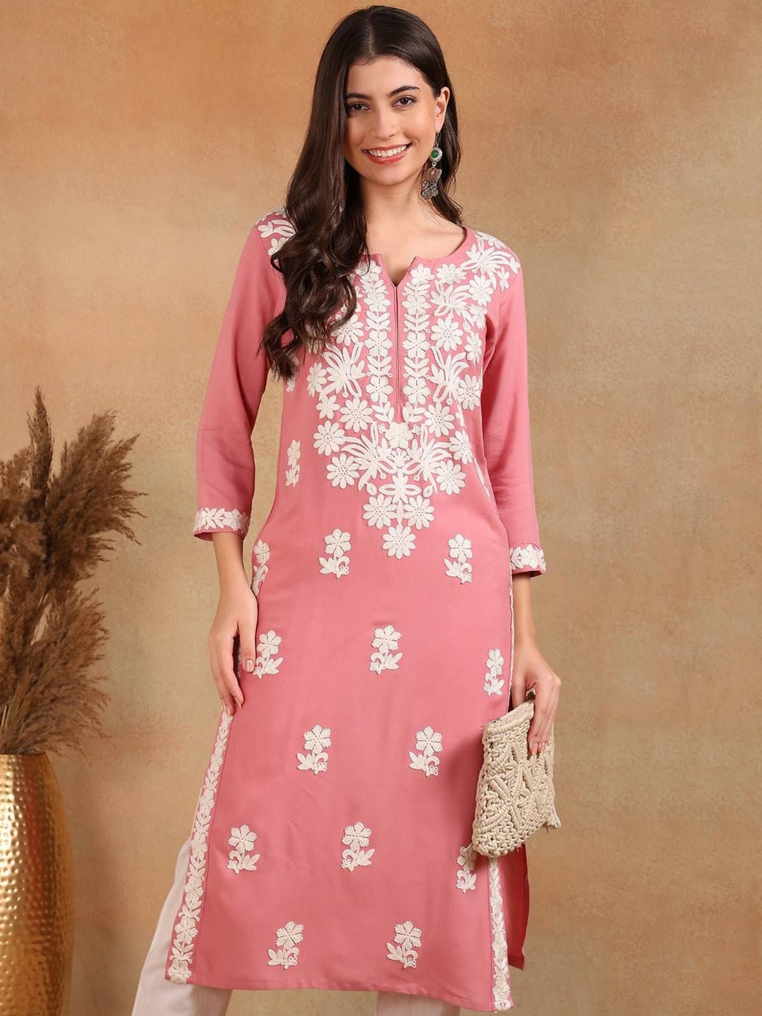 

KALINI Floral Embroidered Notch Neck Chikankari Straight Kurta, Pink