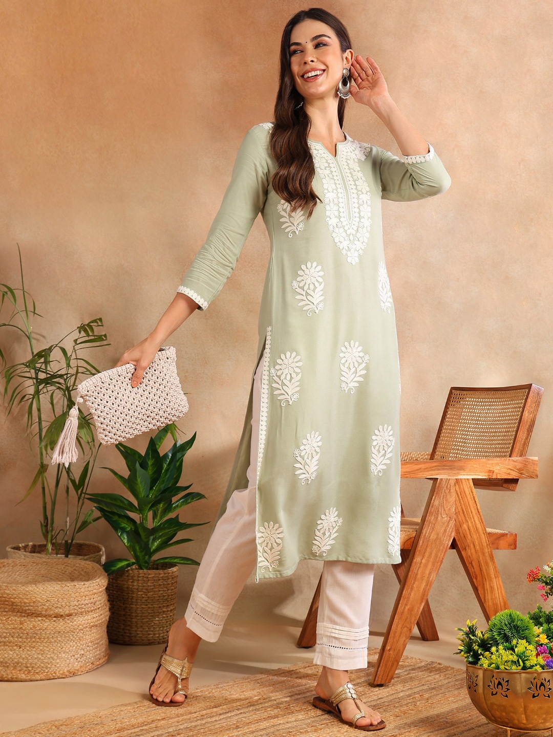 

KALINI Floral Embroidered Notch Neck Chikankari Straight Kurta, Sea green