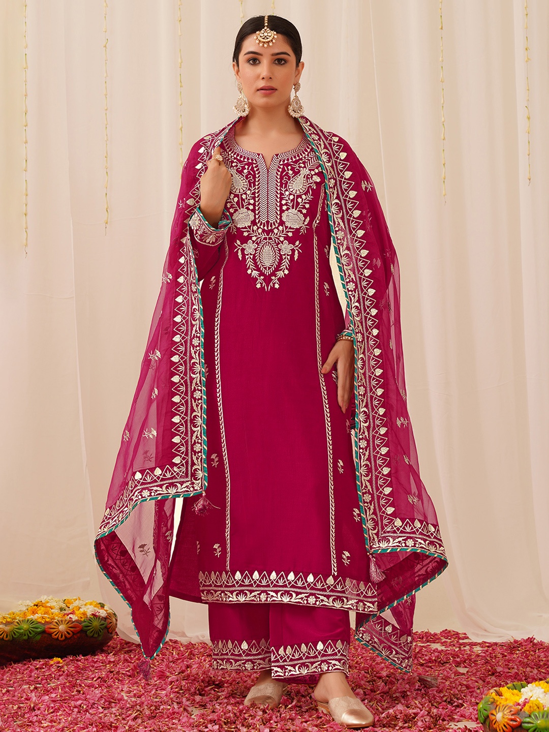 

KALINI Floral Embroidered Straight Kurta with Palazzos & Dupatta, Pink