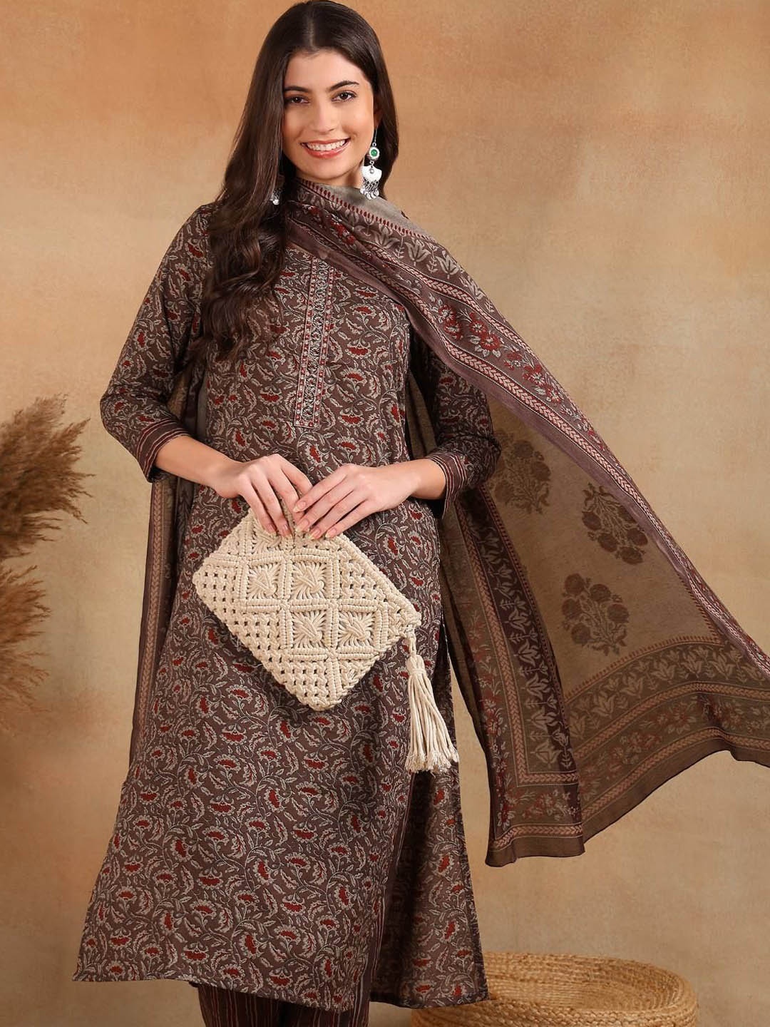 

KALINI Floral Printed Straight Kurta with Trousers & Dupatta, Brown