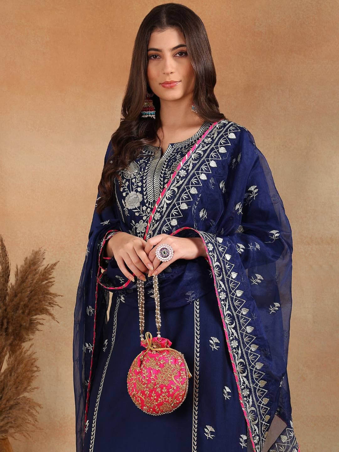 

KALINI Floral Embroidered Straight Kurta with Palazzos & Dupatta, Navy blue