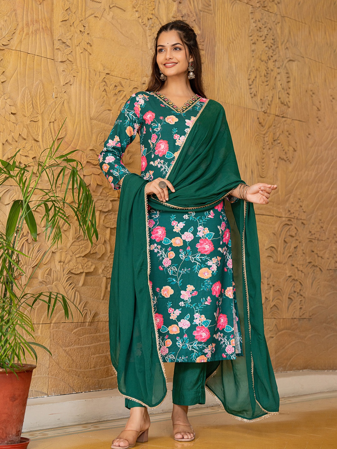 

KALINI Floral Printed V-Neck Straight Kurta with Trousers & With Dupatta, Green