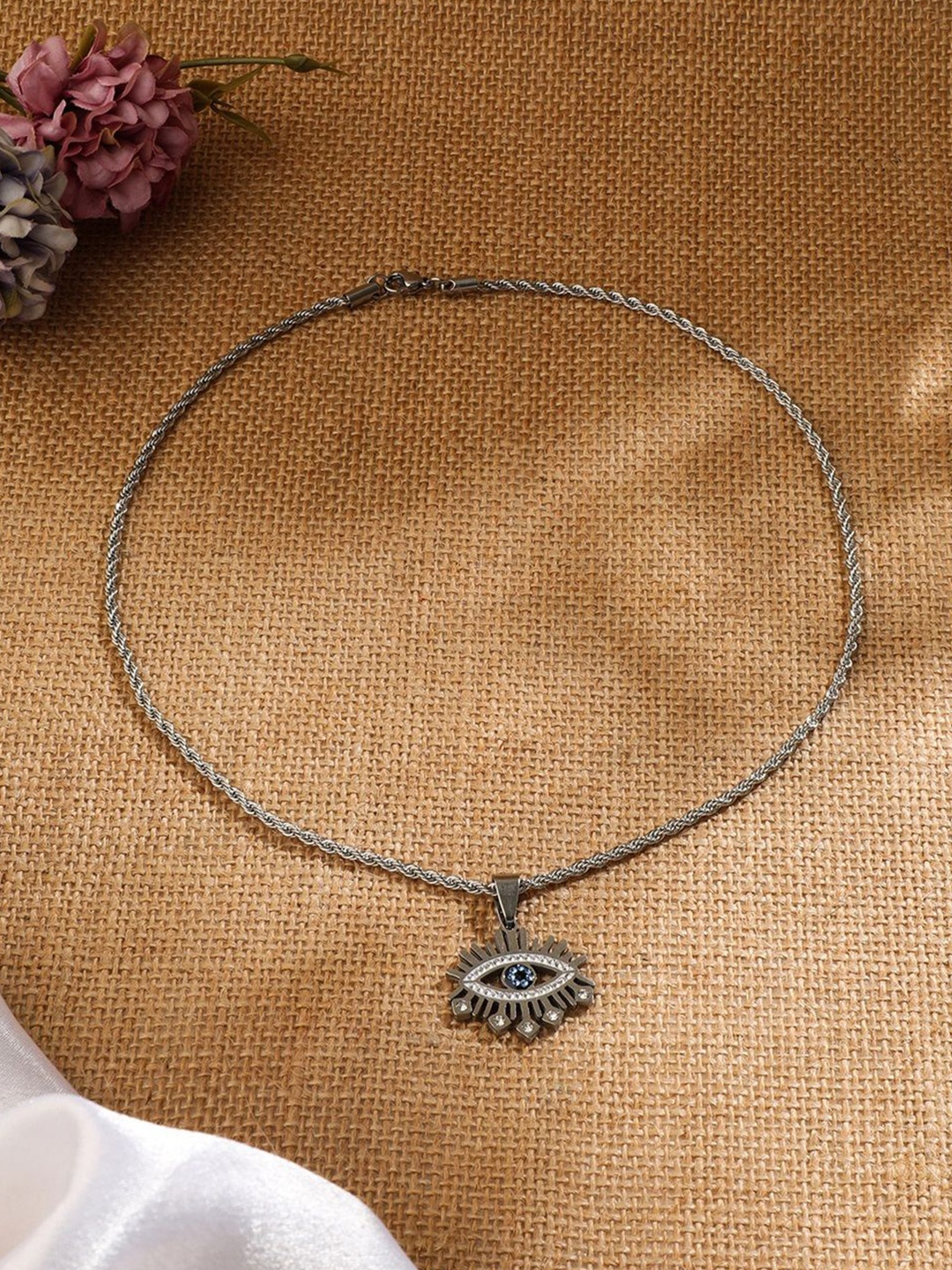

EL REGALO Stone-Studded Stainless Steel Pendant With Chain, Silver
