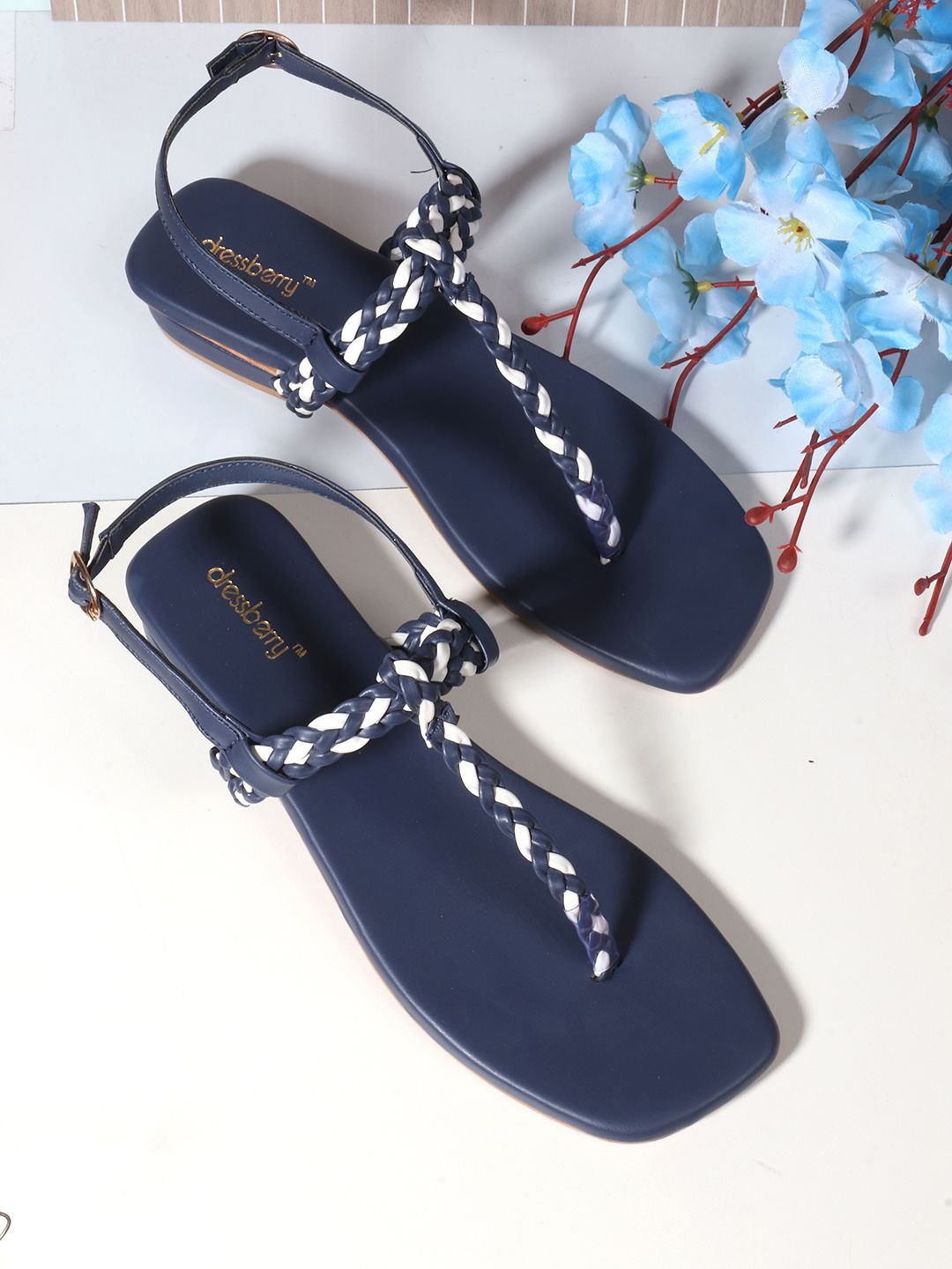 

DressBerry Women T-Strap Flats, Navy blue