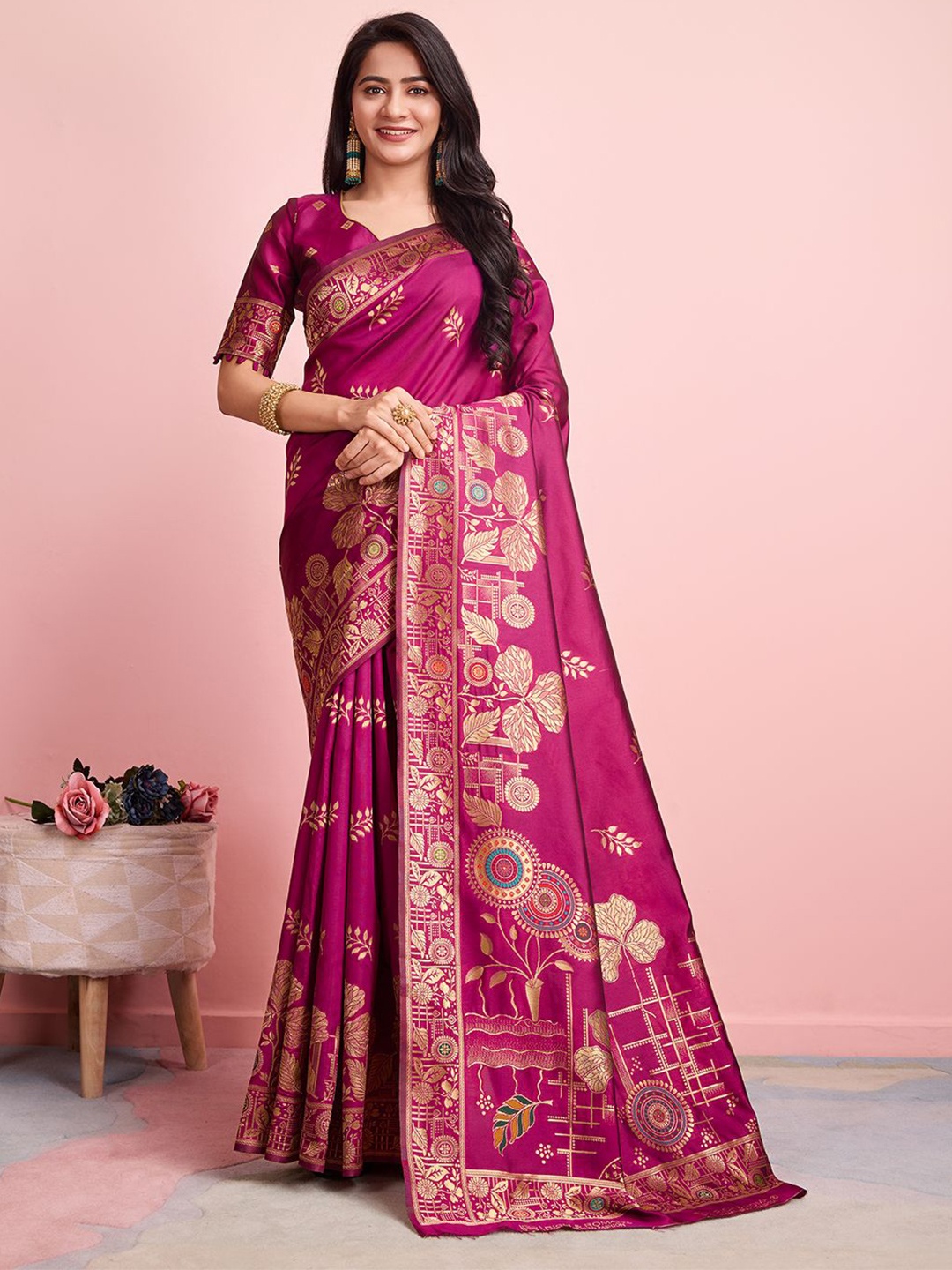 

RICH & ROMAN Woven Design Zari Banarasi Pure Silk Saree, Magenta