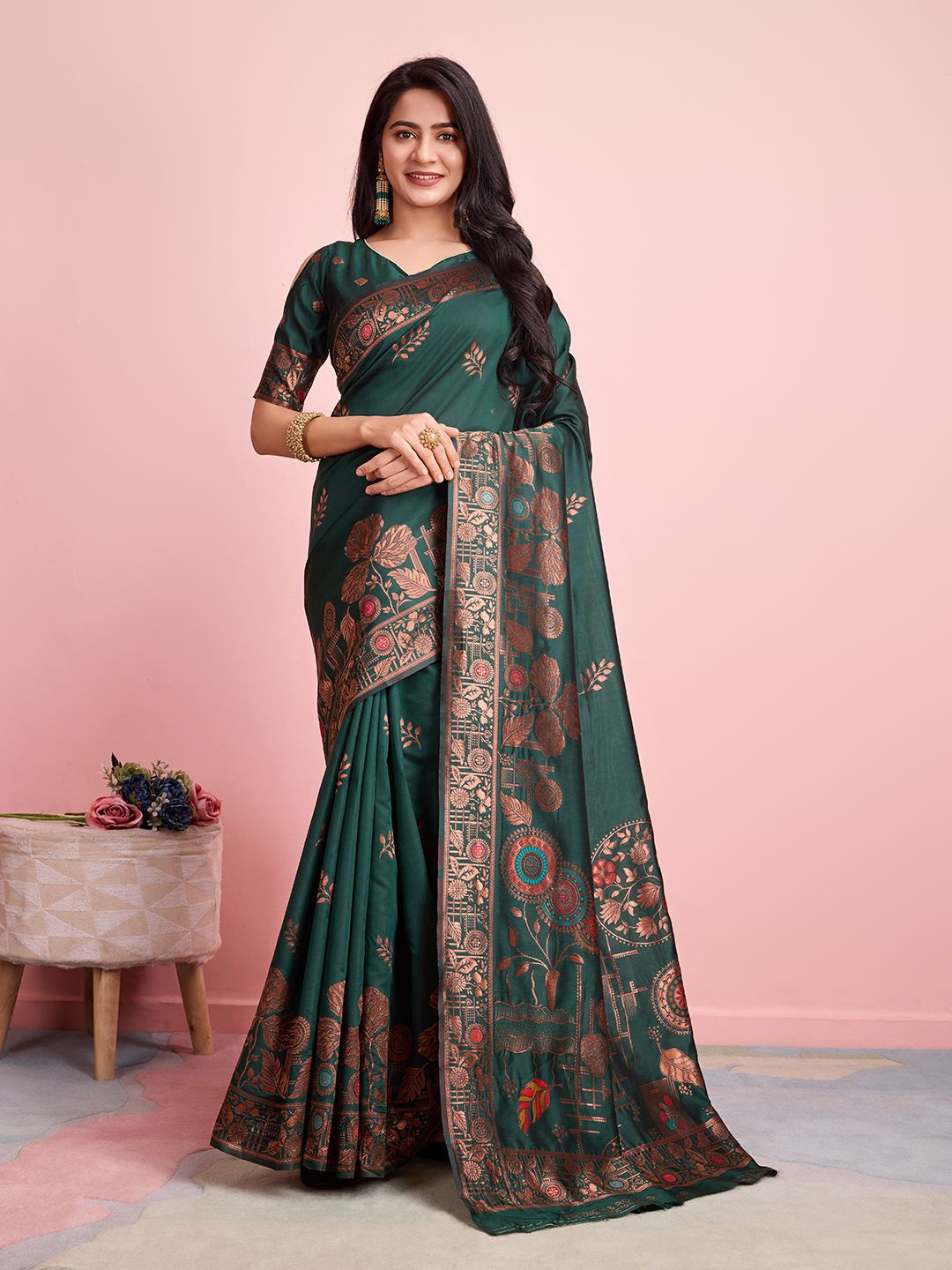 

RICH & ROMAN Woven Design Zari Pure Silk Banarasi Saree, Green