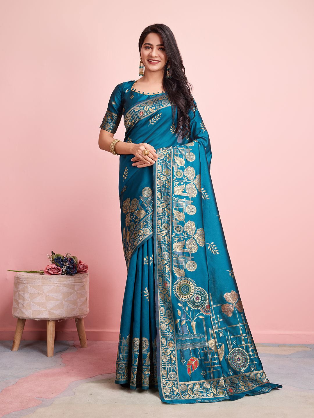 

RICH & ROMAN Woven Design Zari Pure Silk Banarasi Saree, Blue