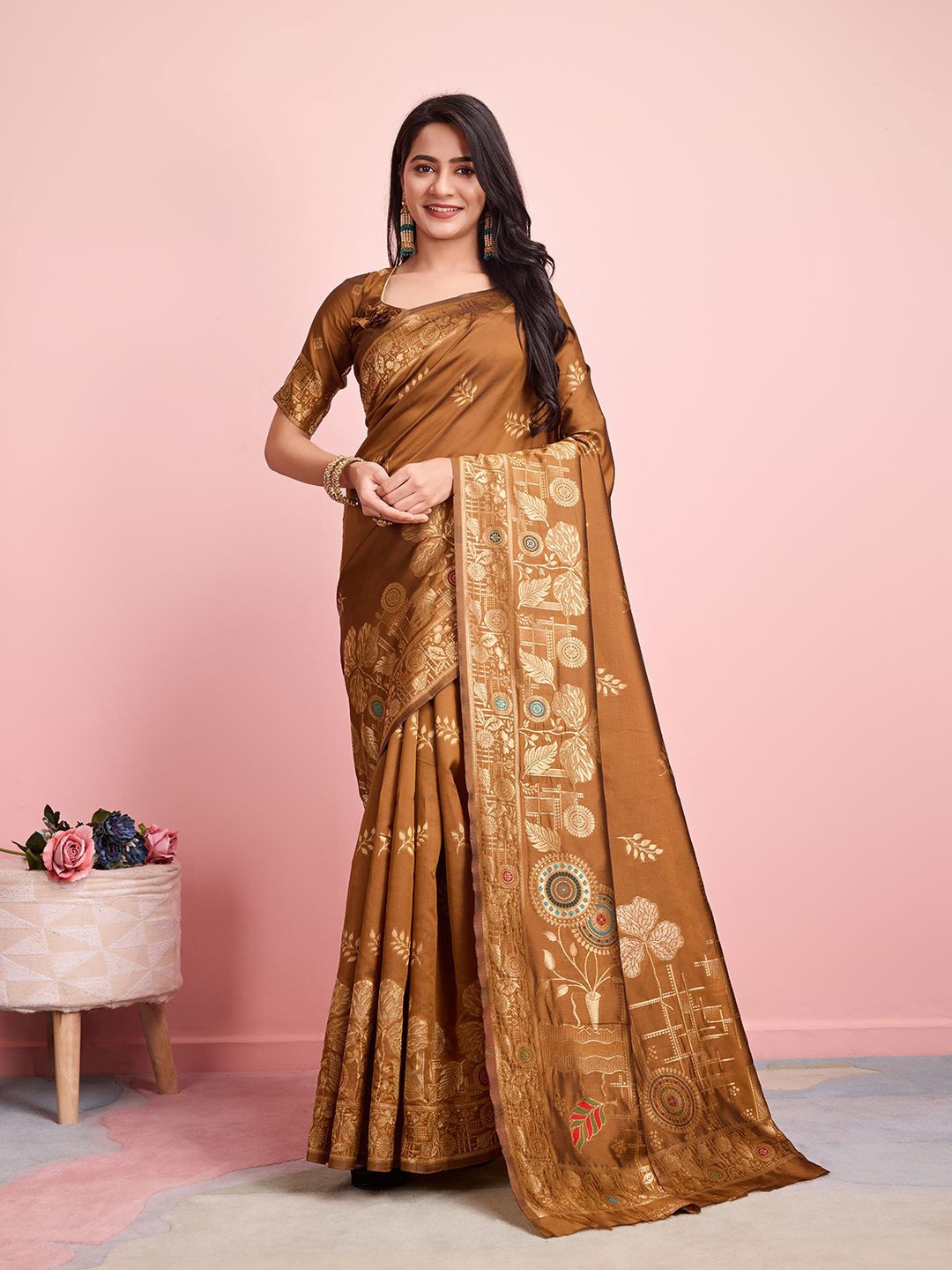 

RICH & ROMAN Ethnic Motif Zari Woven Pure Silk Saree, Mustard