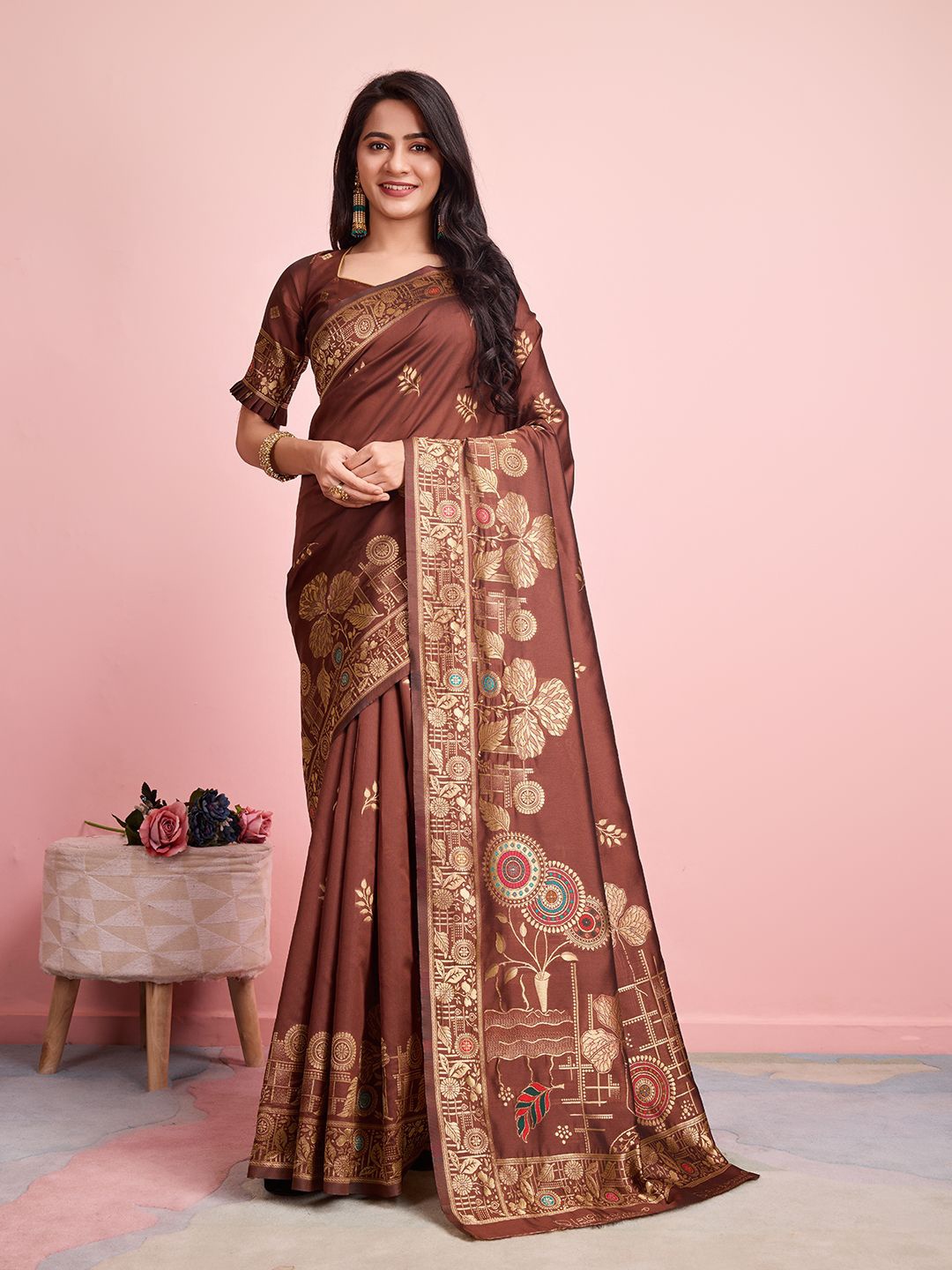 

RICH & ROMAN Woven Design Zari Banarasi Pure Silk Saree, Coffee brown