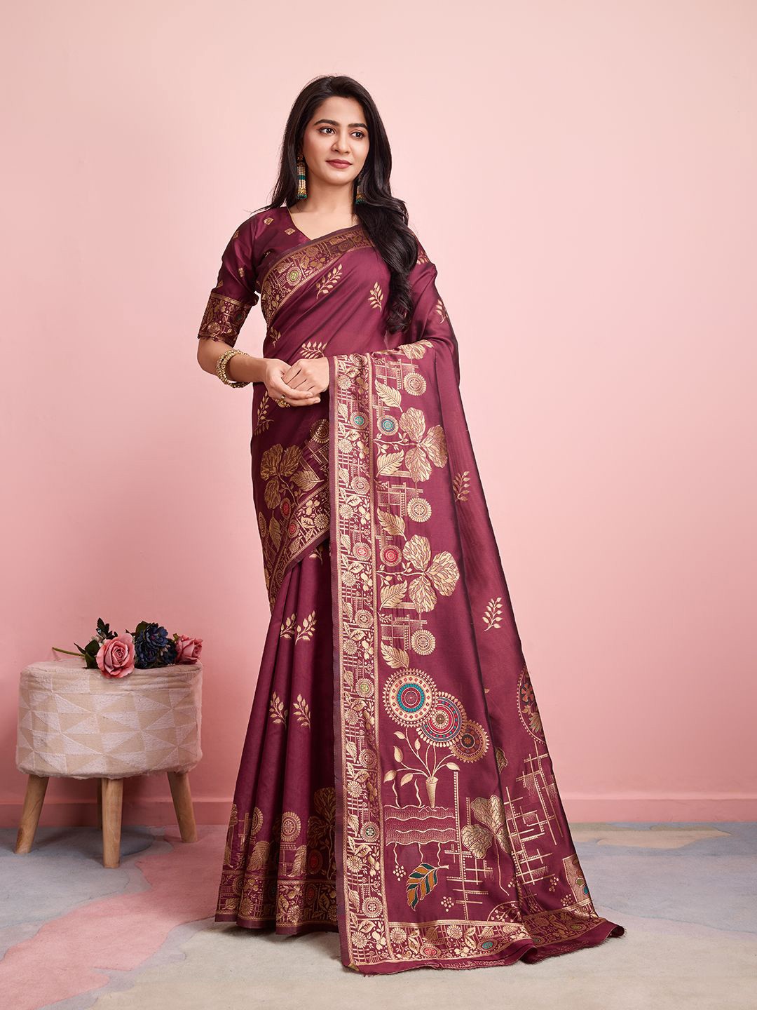 

RICH & ROMAN Woven Design Zari Pure Silk Banarasi Saree, Burgundy