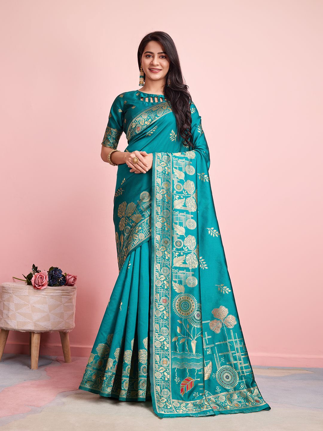 

RICH & ROMAN Ethnic Motif Zari Woven Pure Silk Saree, Teal