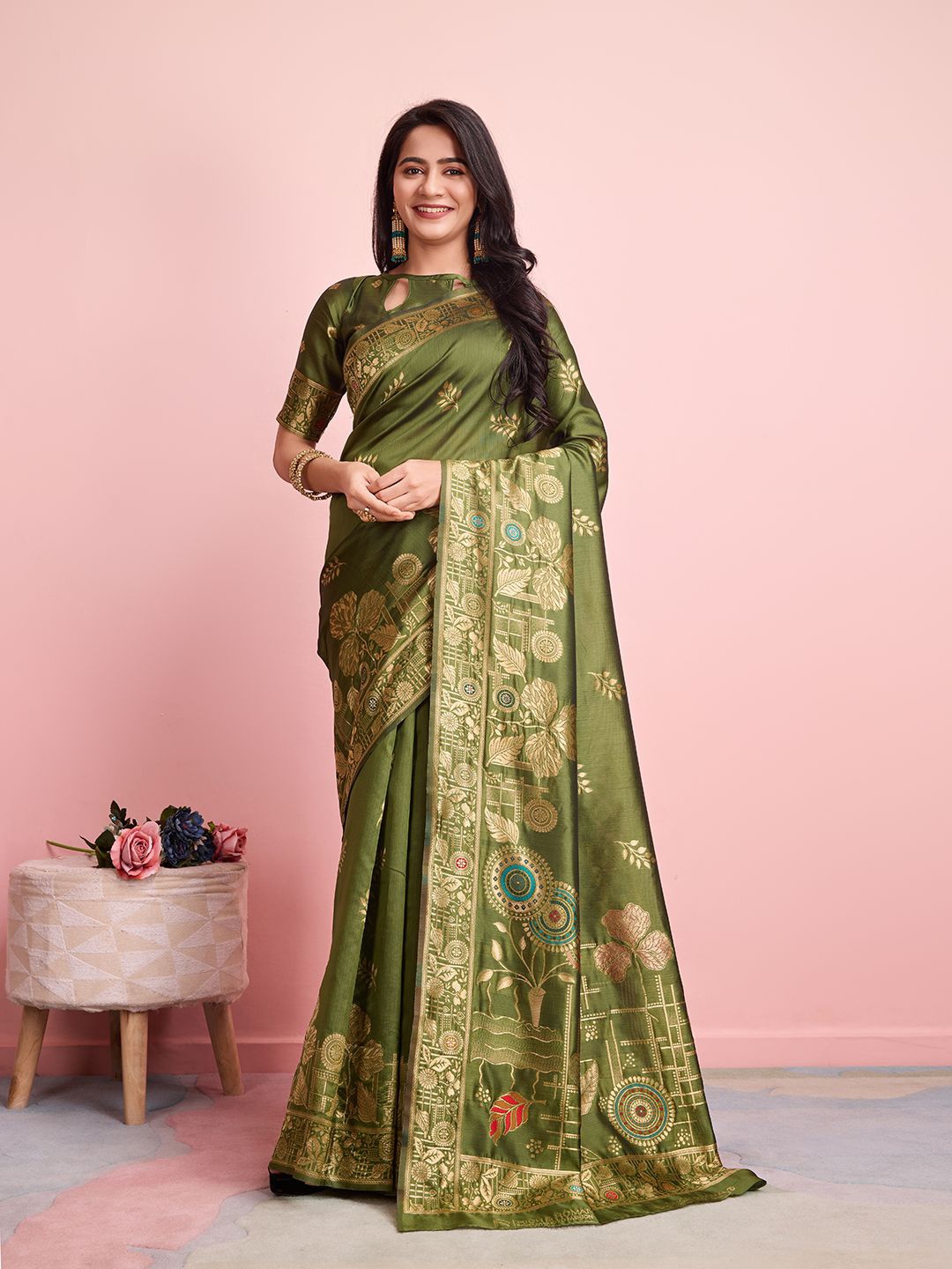 

RICH & ROMAN Ethnic Motif Zari Woven Pure Silk Saree, Olive