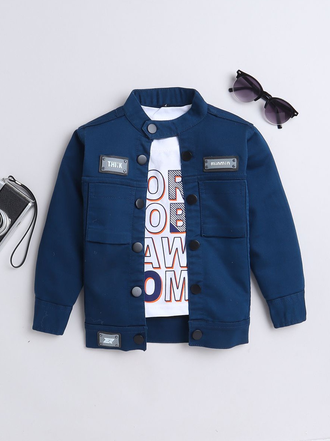 

Ministitch Boys Solid Denim Patchwork Jacket With Printed Tshirt, Blue
