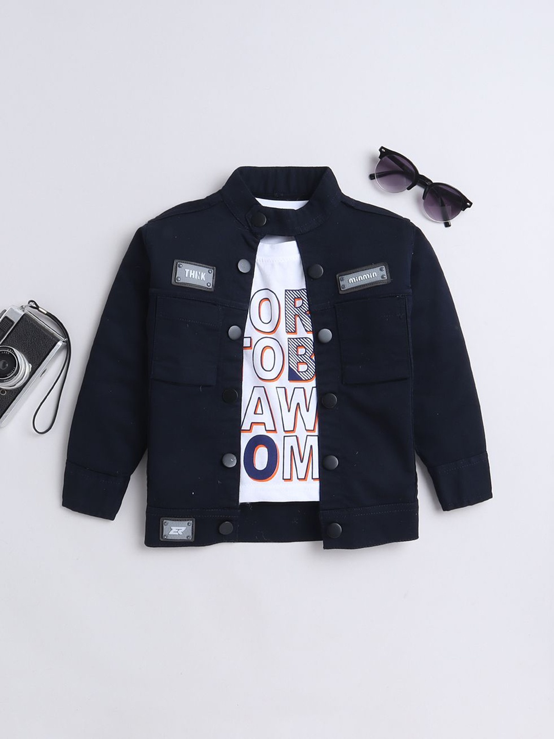 

Ministitch Boys Washed Denim Jacket with Patchwork With Printed T-shirt, Navy blue