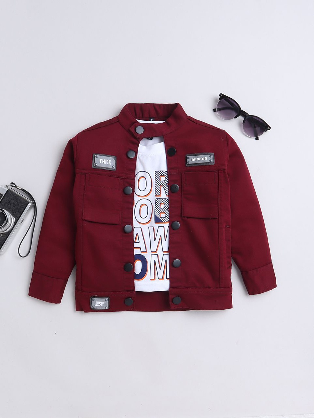 

Ministitch Boys Washed Denim Jacket with Patchwork With Printed T-shirt, Maroon