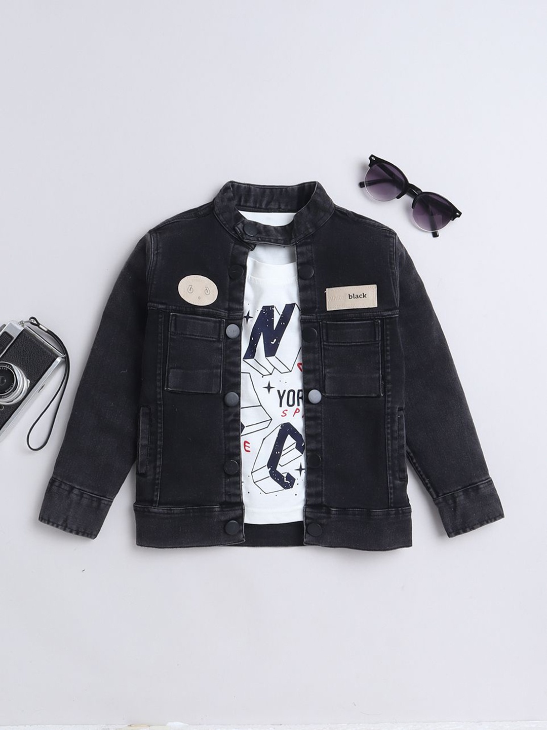 

Ministitch Boys Washed Full Sleeves Solid Denim Jacket With Printed Tshirt, Black