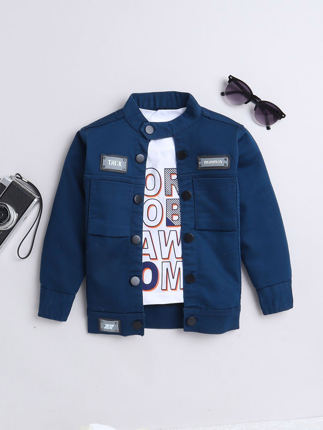 

Ministitch Boys Solid Denim Jacket With Printed Tshirt, Blue