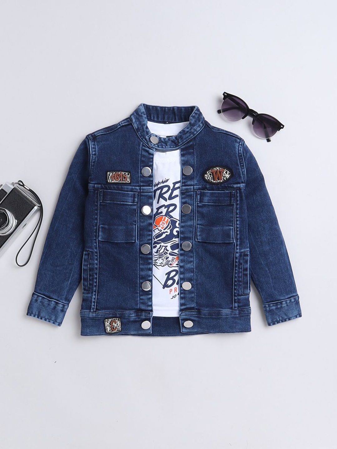

Ministitch Boys Washed Solid Full sleeves Denim Jacket With Printed T-shirt, Blue