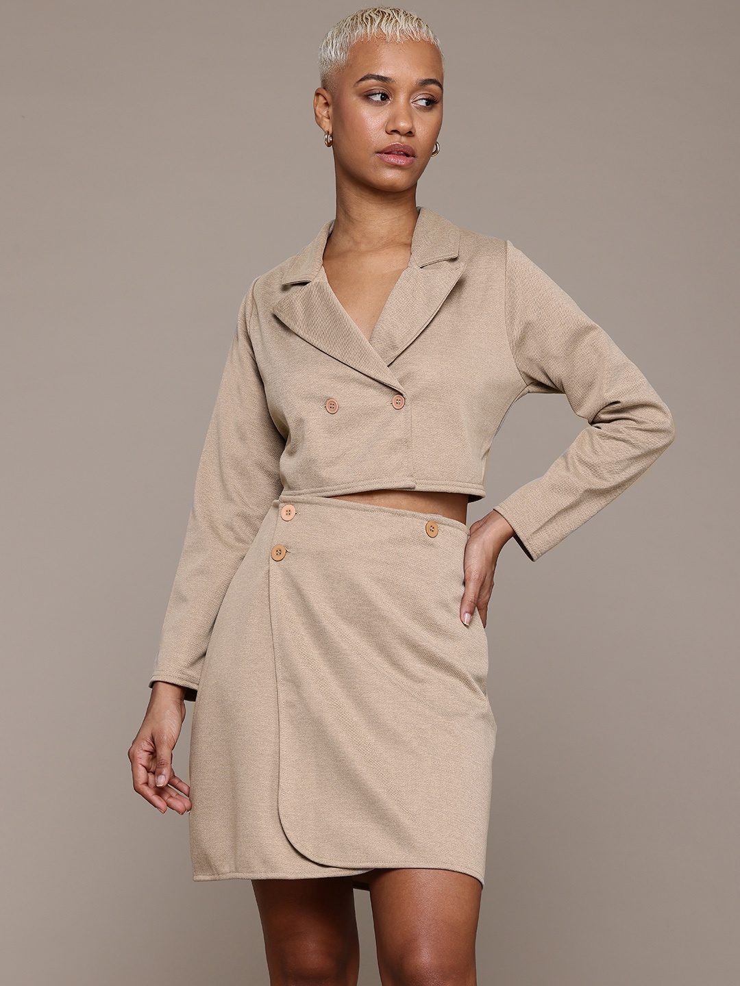 

Roadster Cropped Blazer With Skirt Co-Ords, Beige