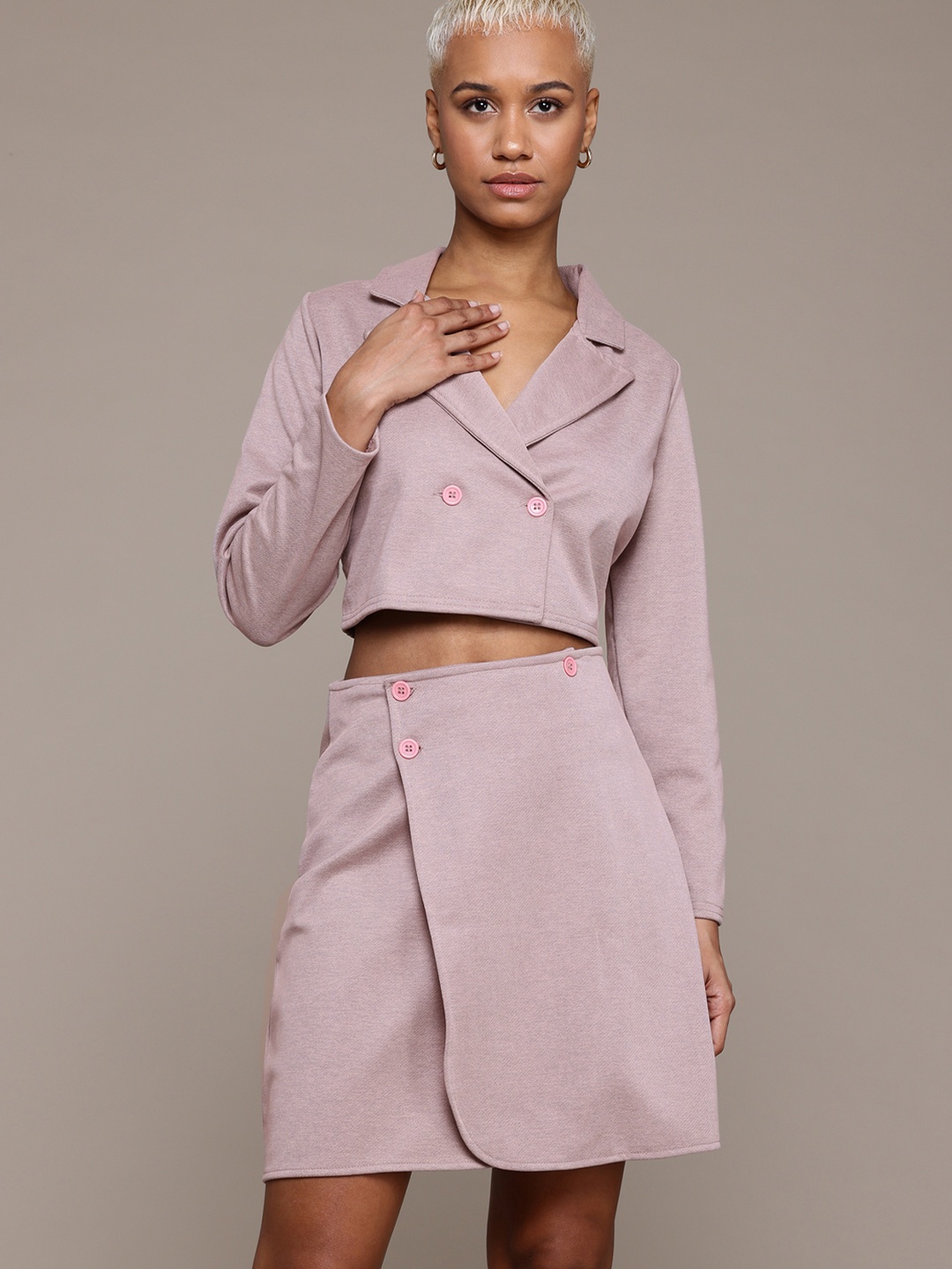 Roadster Cropped Blazer With Skirt Co-Ords, Pink