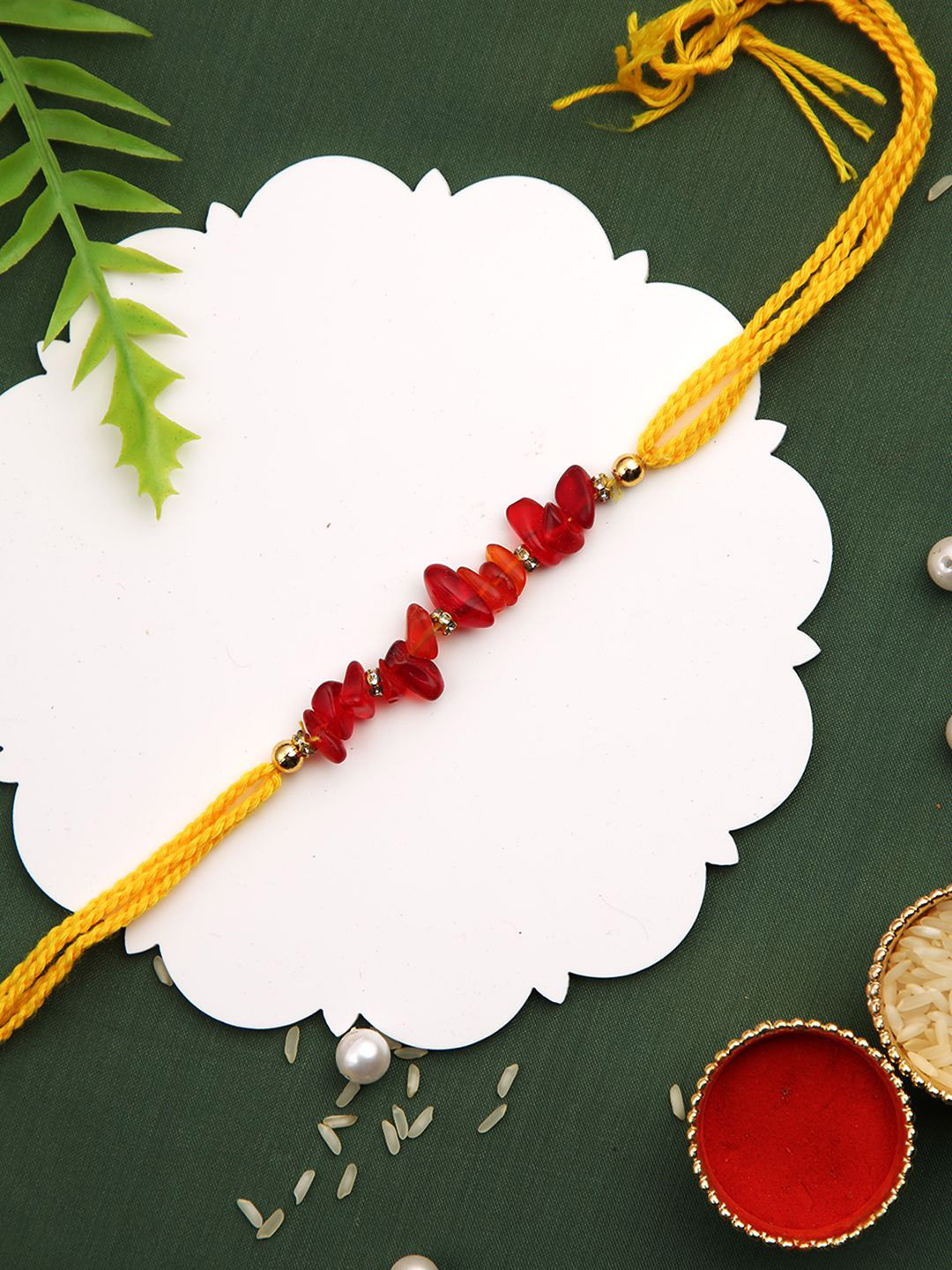 

Aapno Rajasthan Crystal-Studded & Beaded Thread Rakhi, Red