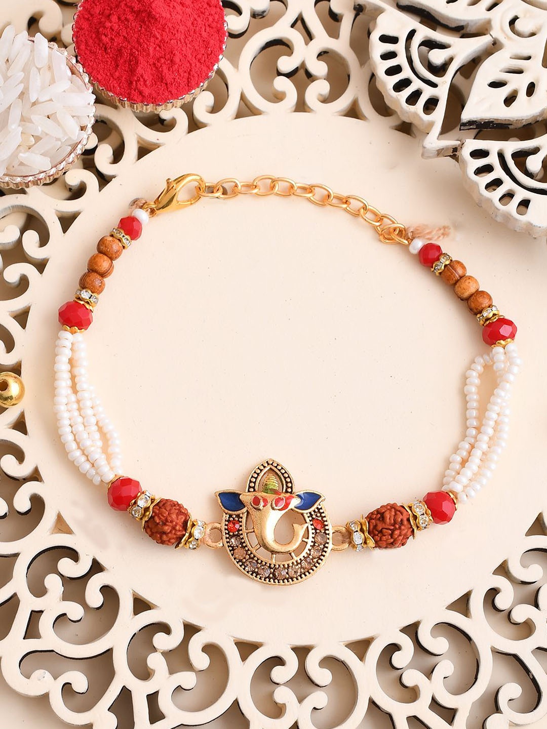 

Aapno Rajasthan Stone-Studded & Beaded Wraparound Rakhi, Brown