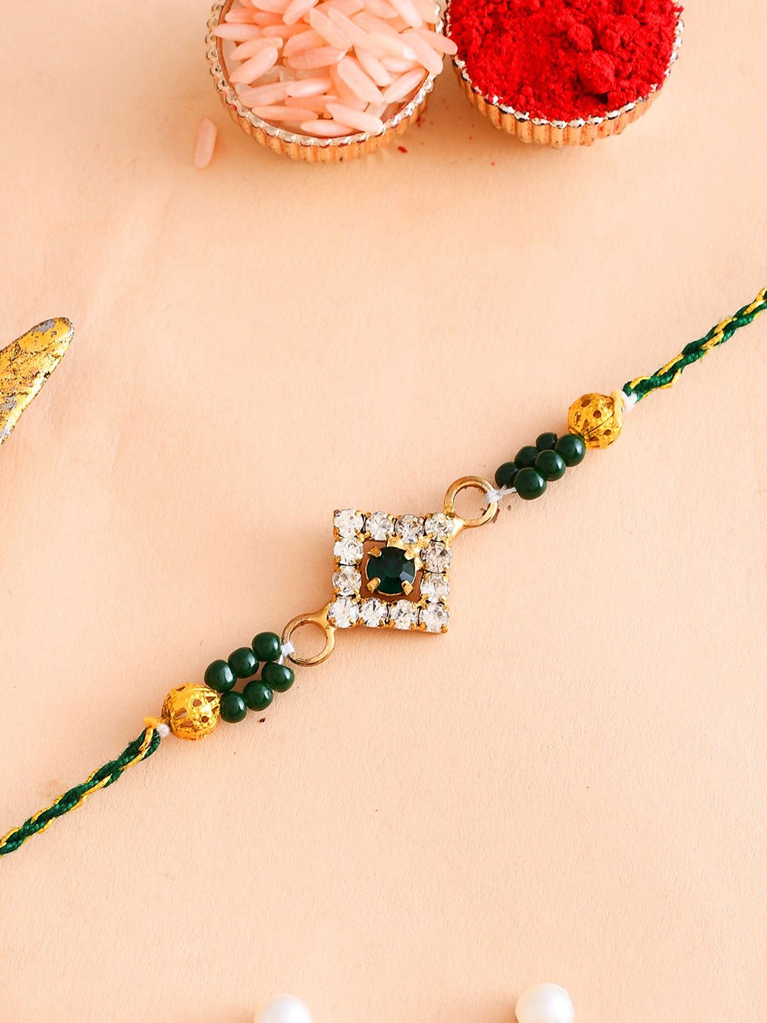 

Aapno Rajasthan Crystal-Studded & Beaded Thread Rakhi, Green