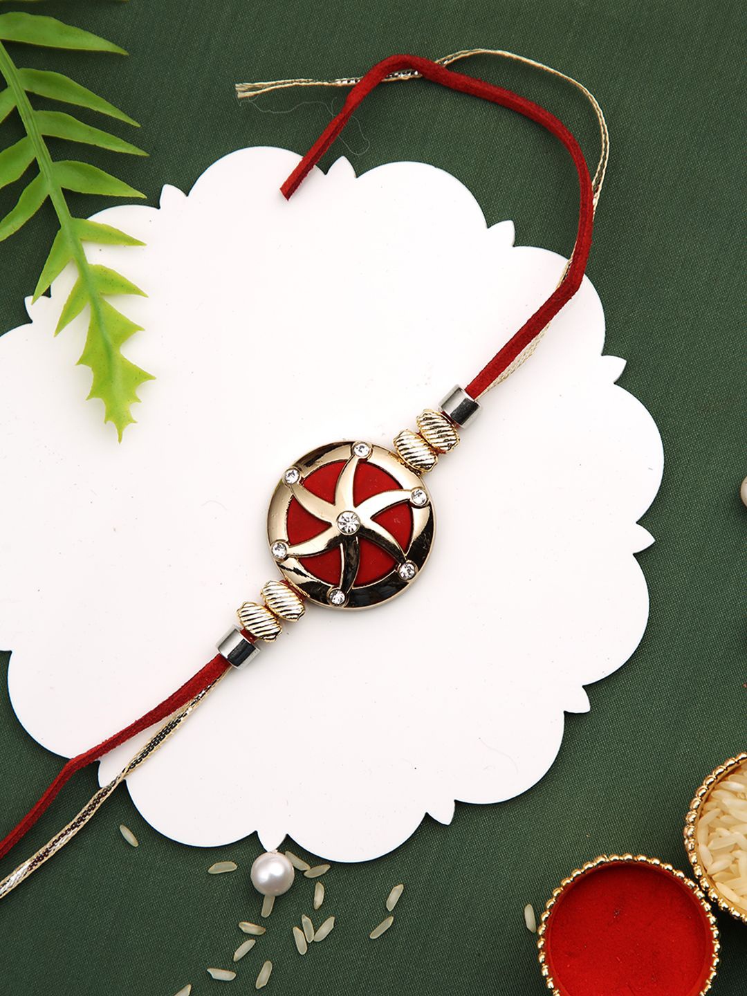 

Aapno Rajasthan Stone-Studded & Beaded Thread Rakhi, Red