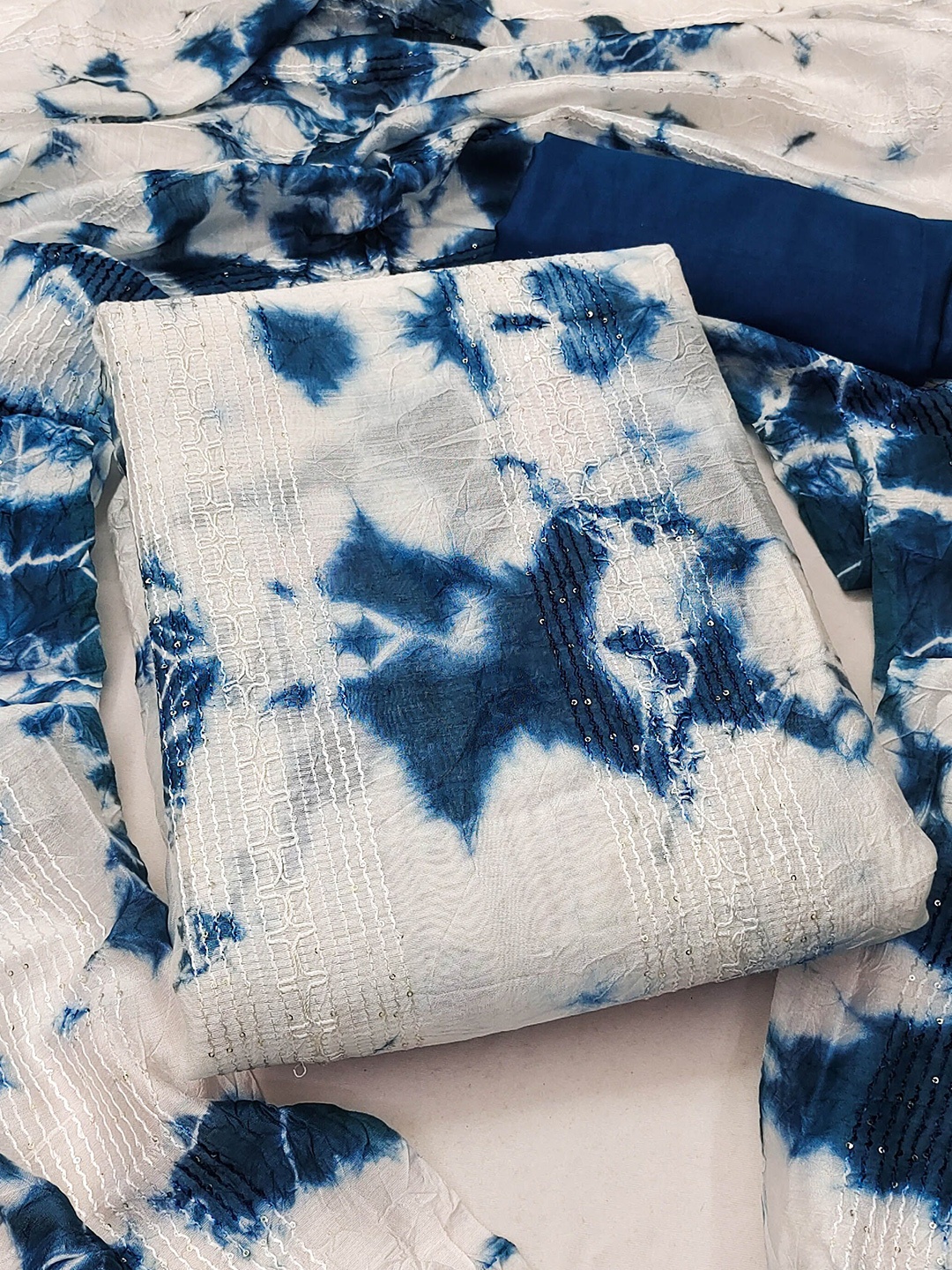 

KIMISHA Tie and Dye Sequinned Shibori Unstitched Dress Material, Blue