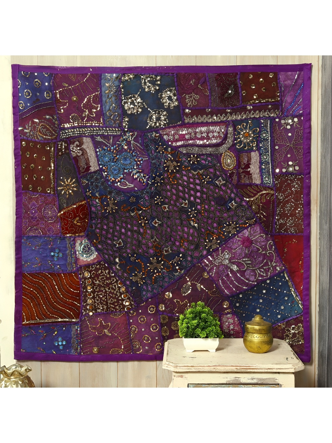 

HANDICRAFT PALACE Purple & Red Embroidered Beaded Tapestry