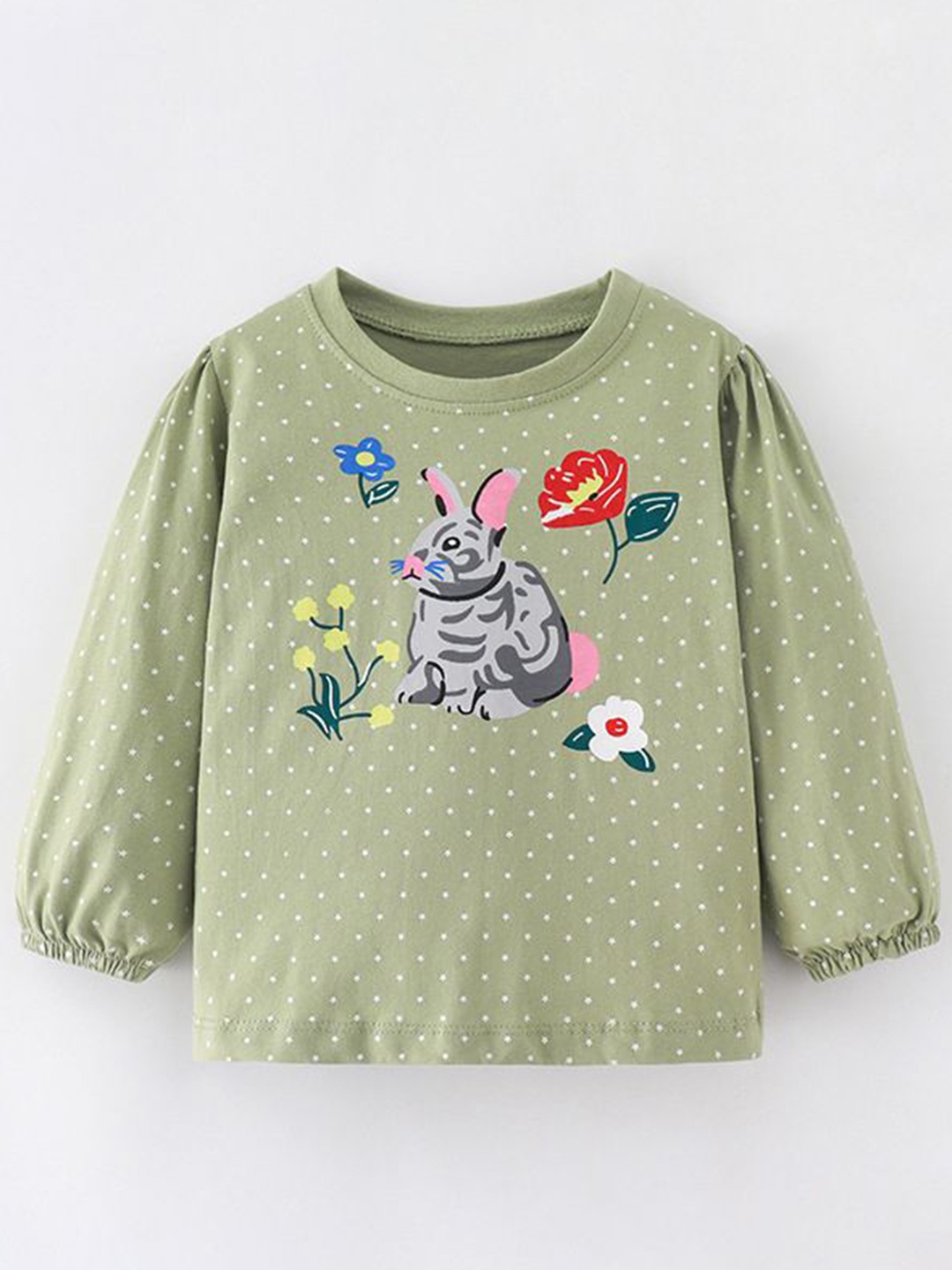 

StyleCast Girls Conversational Printed Round Neck Cotton Top, Olive
