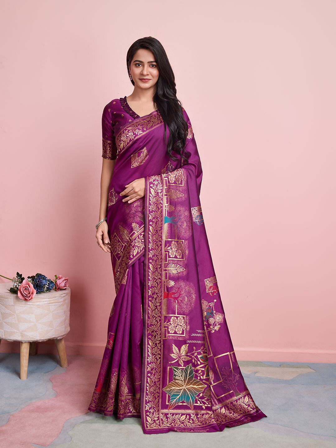 

RICH & ROMAN Woven Design Zari Pure Silk Banarasi Saree, Purple