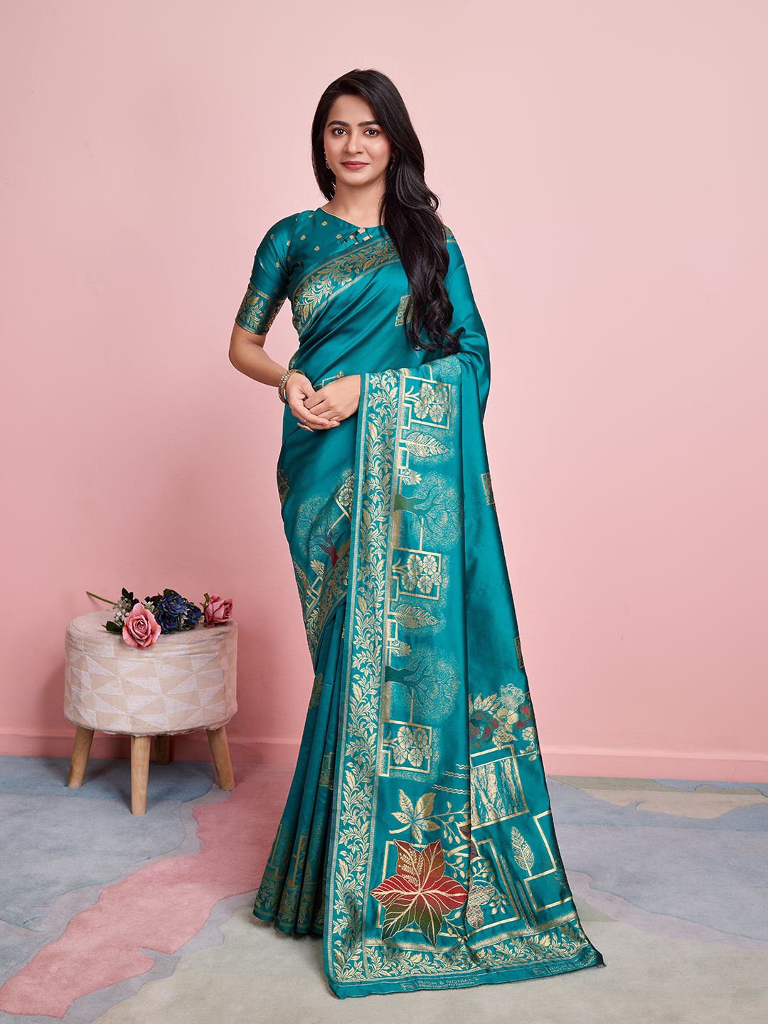 

RICH & ROMAN Woven Design Zari Pure Silk Banarasi Saree, Teal