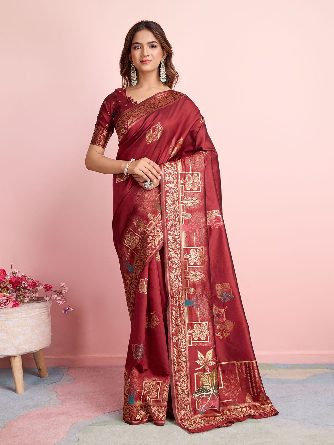 

RICH & ROMAN Woven Design Zari Pure Silk Banarasi Saree, Maroon