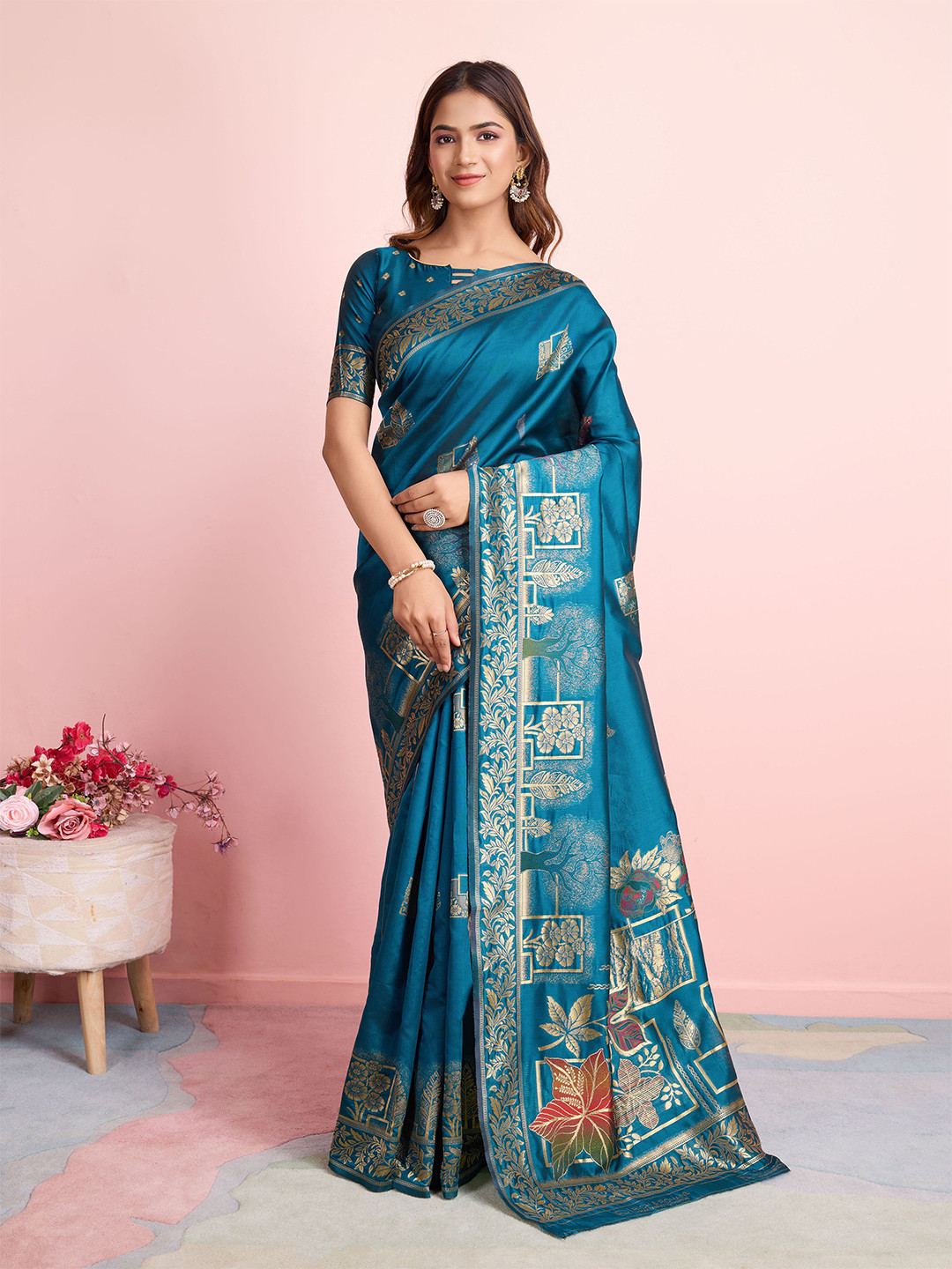 

RICH & ROMAN Woven Design Zari Pure Silk Banarasi Saree, Teal