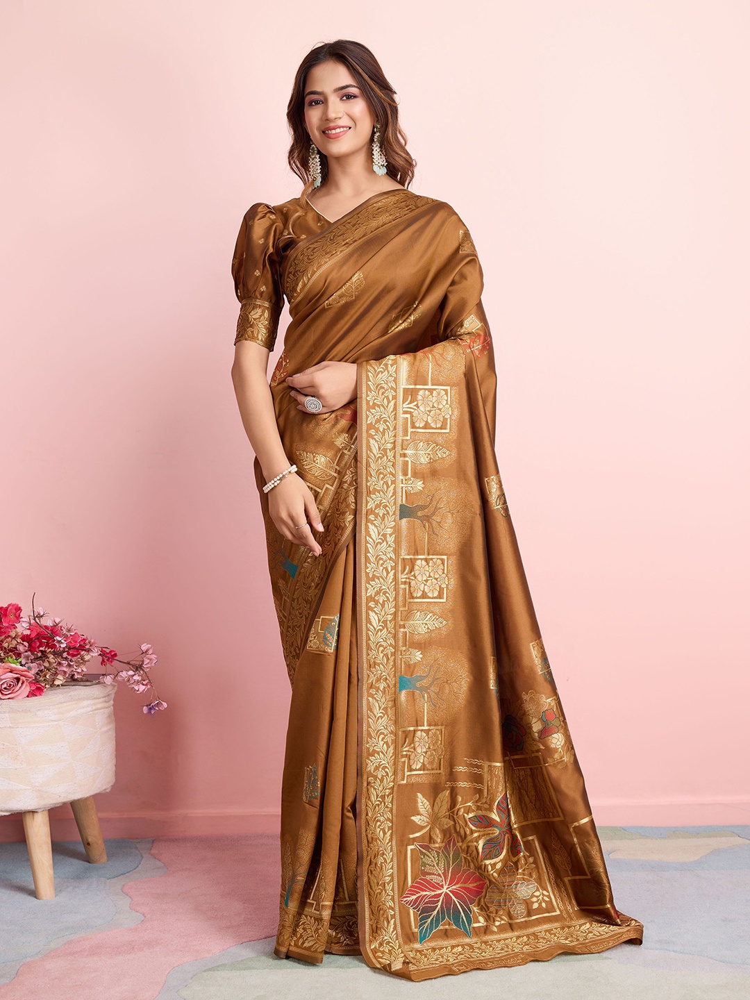 

RICH & ROMAN Ethnic Motif Zari Woven Pure Silk Saree, Mustard