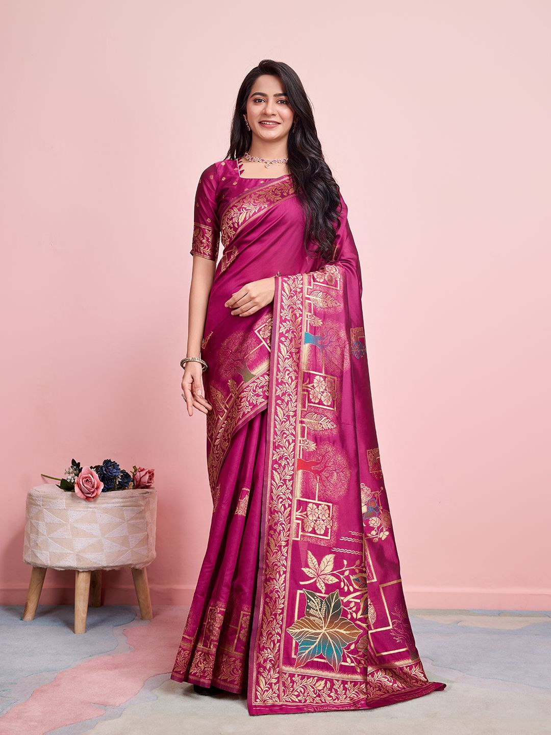 

RICH & ROMAN Woven Design Zari Pure Silk Banarasi Saree, Magenta