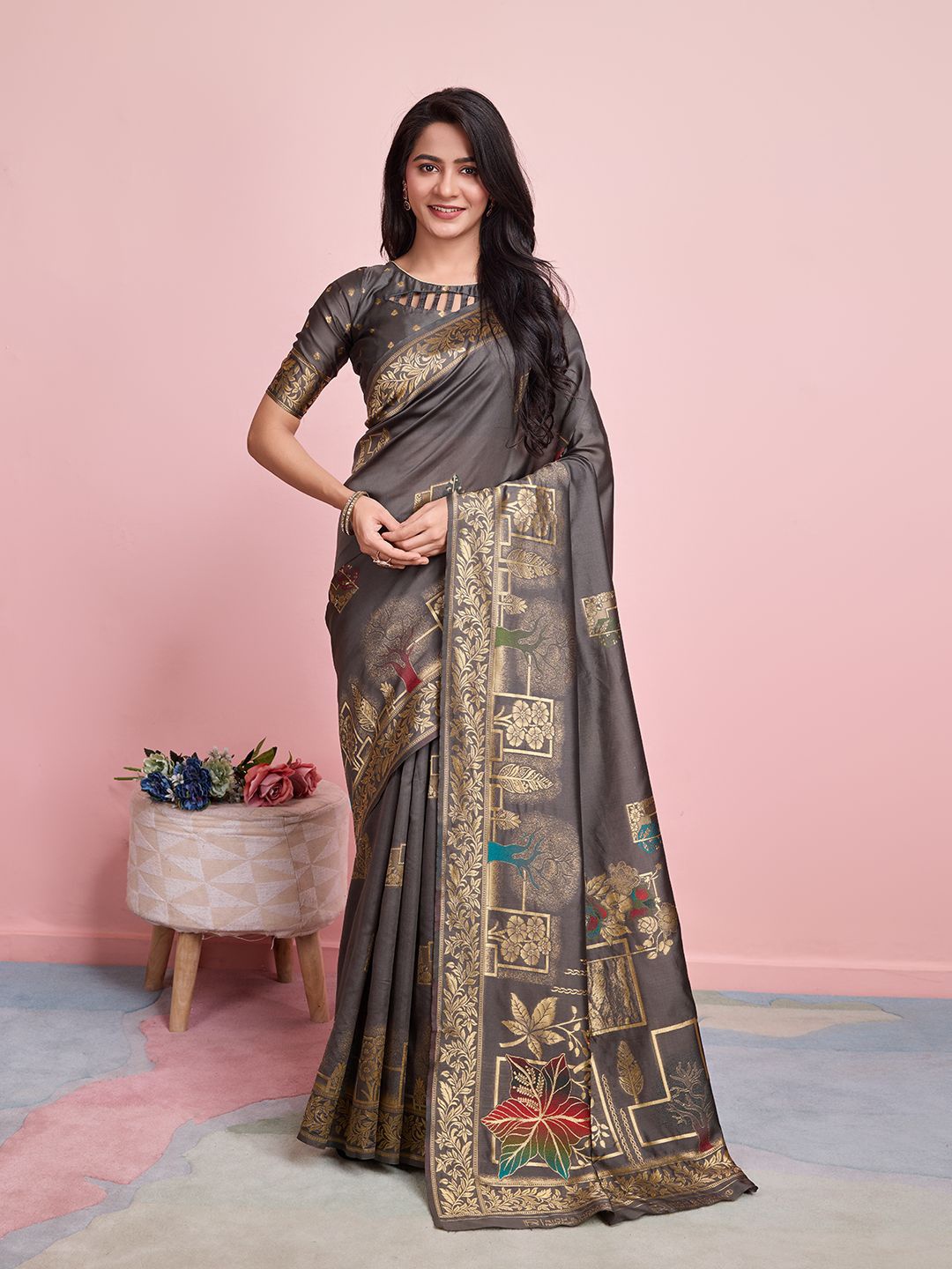 

RICH & ROMAN Ethnic Motifs Zari Pure Silk Banarasi Saree, Grey