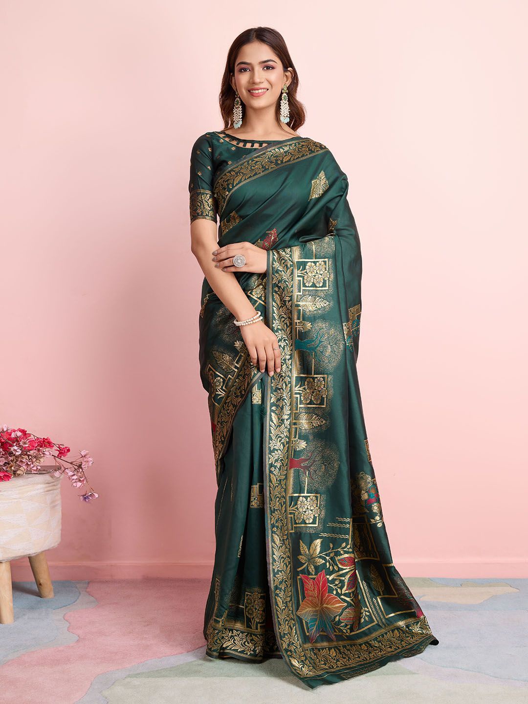 

RICH & ROMAN Ethnic Motifs Zari Pure Silk Banarasi Saree, Green