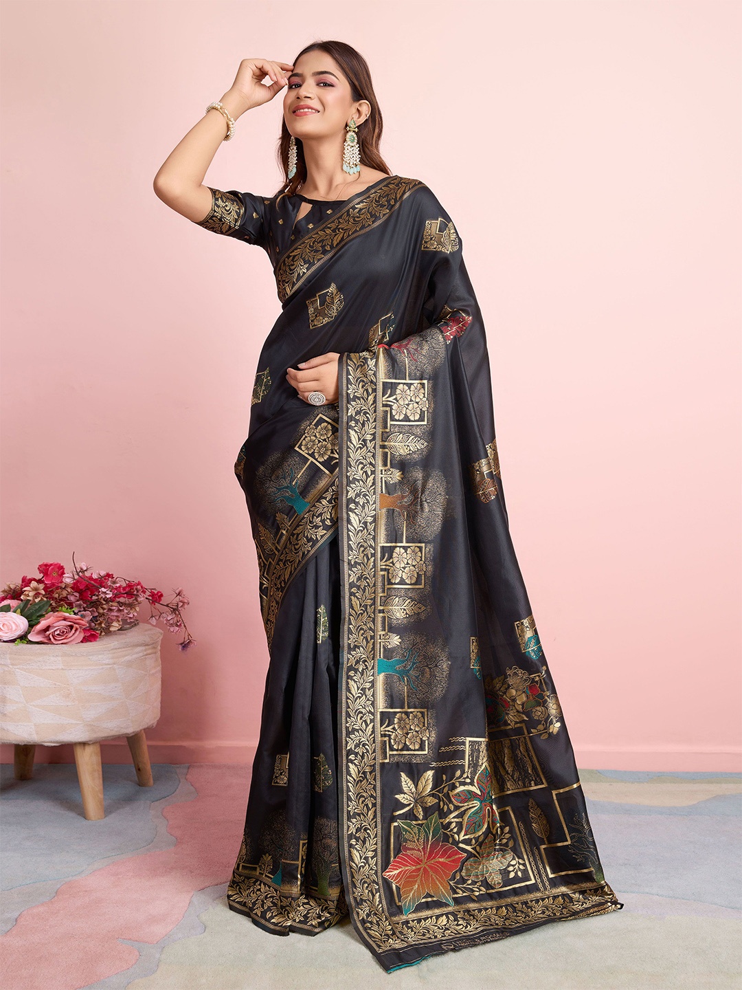 

RICH & ROMAN Woven Design Zari Pure Silk Banarasi Saree, Black
