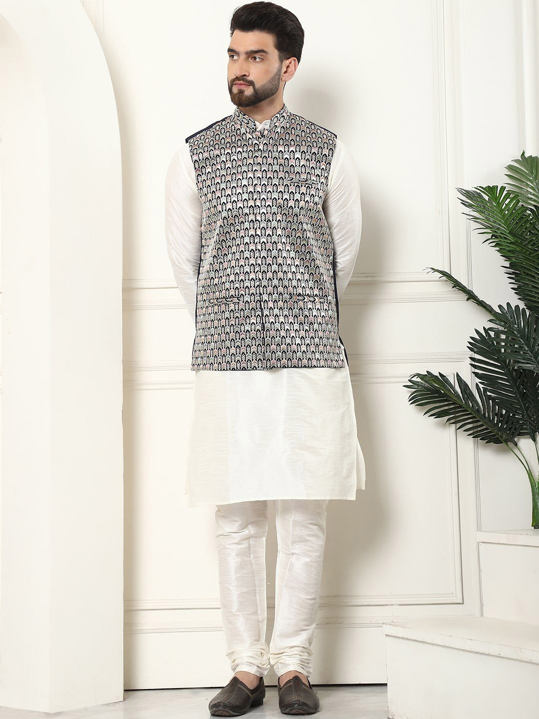 

SOJANYA Mandarin Collar Kurta With Churidar & Embroidered Nehru Jacket, Cream