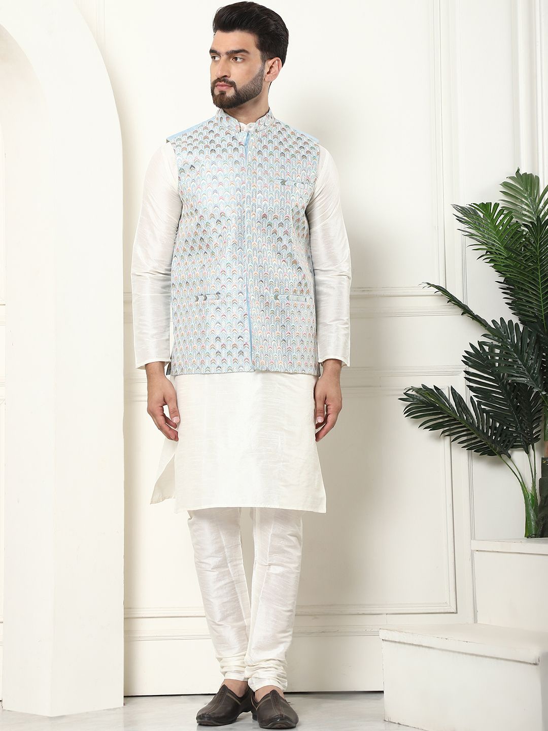 

SOJANYA Mandarin Collar Kurta With Churidar & Embroidered Nehru Jacket, Cream