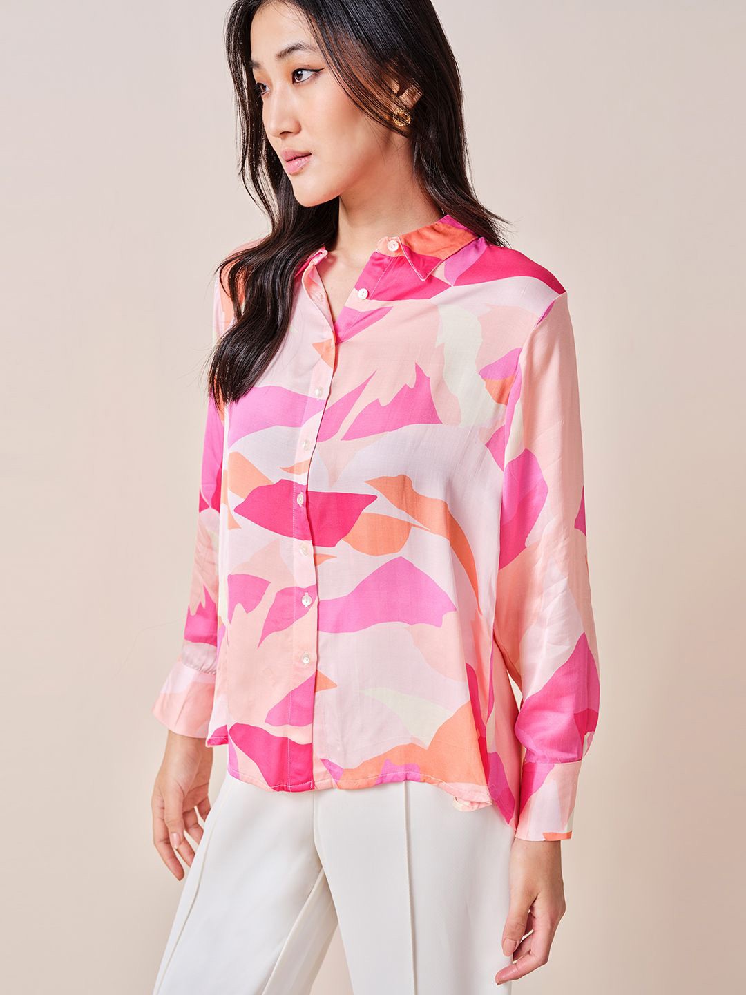 

AND Women Abstract Print Long Sleeves Shirt Style Top, Pink