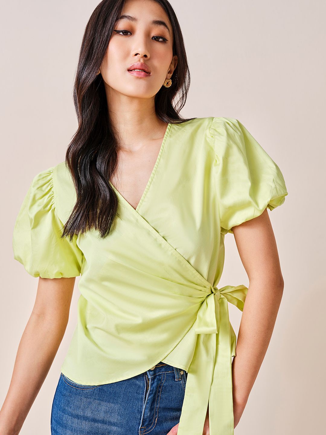 

AND Women Solid Puff Sleeve Cotton Wrap Top, Yellow
