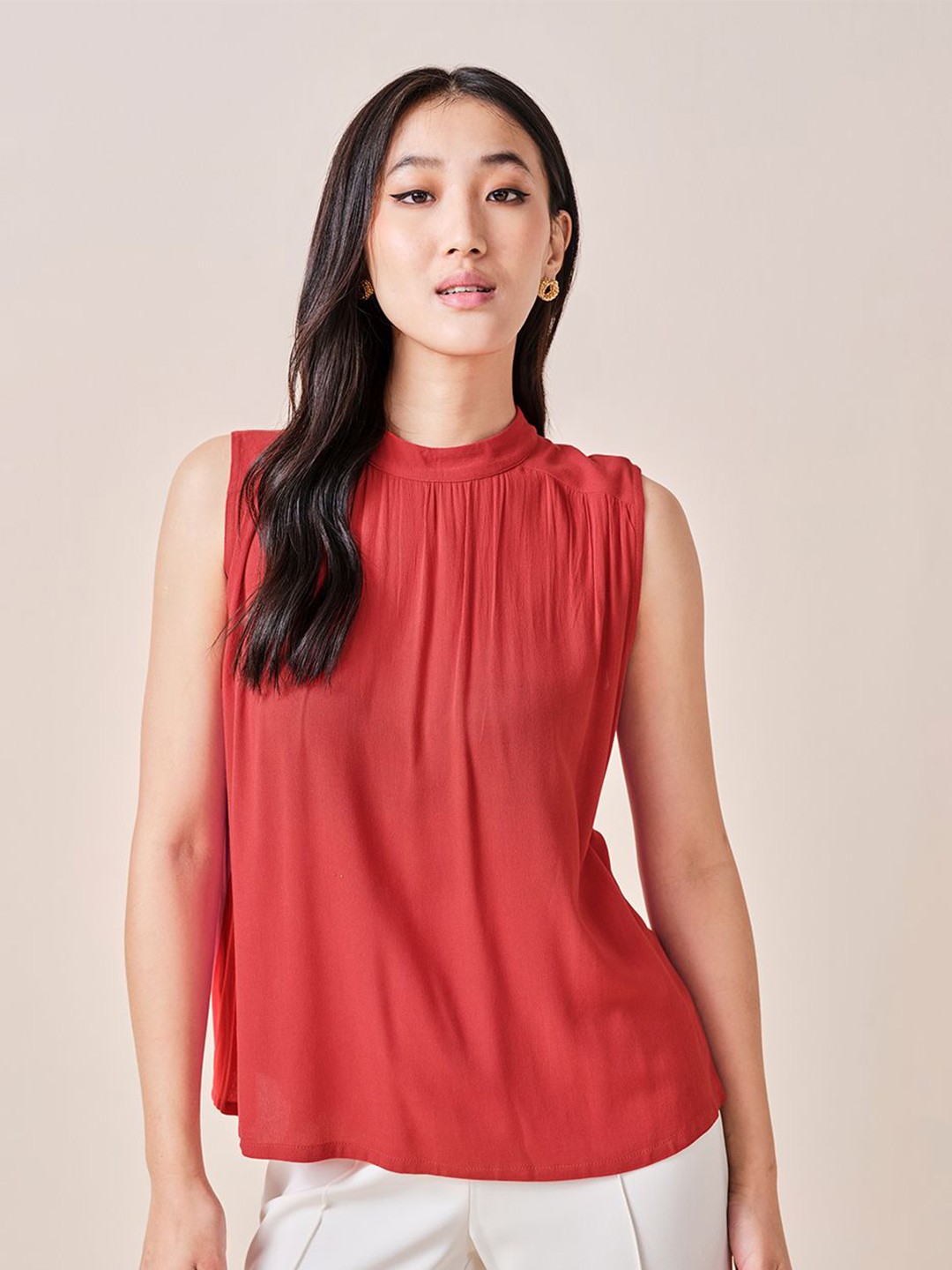 

AND Women Solid High Neck Sleeveless Top, Orange