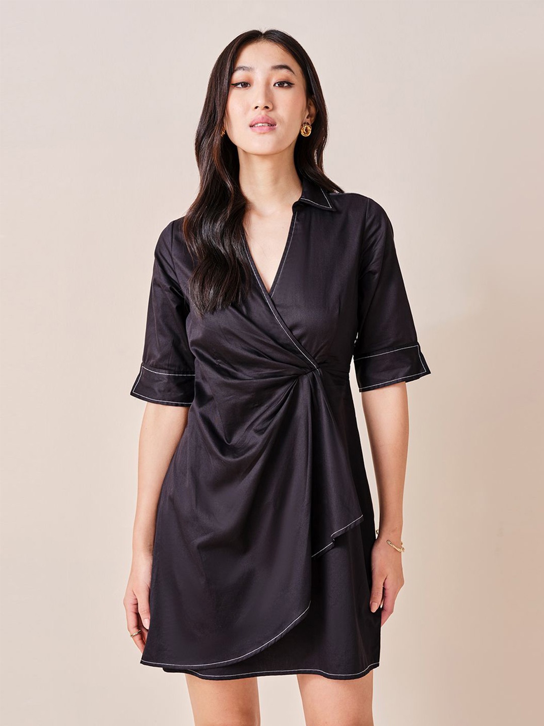 

AND Solid Shirt Collar Neck Wrap Dress, Black