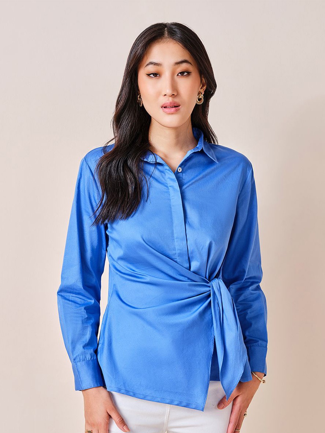

AND Women Solid Shirt Collar Long Sleeves Cotton Top, Blue